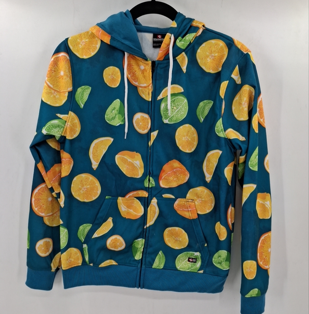 Southpole Hoodie Mens Large Zip Up‎ Sweatshirt AOP Lemon Lime Turquoise Y2K